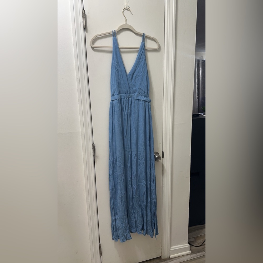 Lulus Dress Womens Small Slate Blue Plunge V-Neck Strappy Lost In Paradise Slit